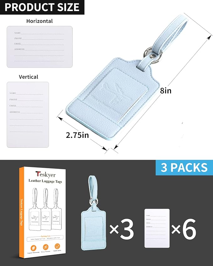 3 Pack Luggage Tags - Quick Install, Privacy Protection, Airplane Travel Essentials for Suitcases, Durable Leather - Lichee Cyan