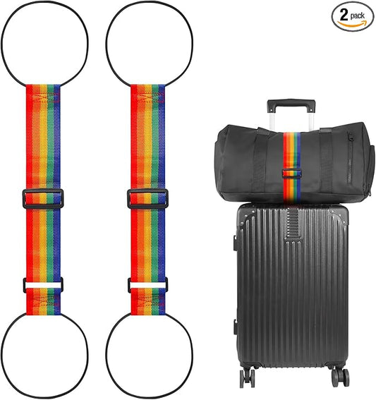 BILIONE Add a Bag Luggage Straps 2 Pack, Adjustable Bungee Elastic Belt to Connect Two Suitcases, Secure Carry On & Travel Essentials (Rainbow)