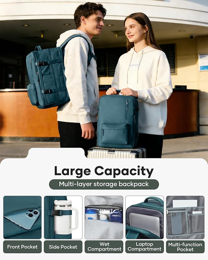 VECAVE Vacuum Backpack Travel with Pump, Expandable Personal Item Carry on Backpacks for Women Men, Laptop Waterproof Work Compression bags with USB Casual Daypack DarkBlue