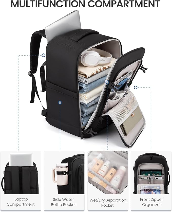 LOVEVOOK Travel Backpack for Men Women, 40L Carry on Backpack Flight Approved with 3 Packing Cubes, Extra Large Personal Item Bag Fits 17.3 inch Laptop for Airplanes, Water Resistant Daypack, Black