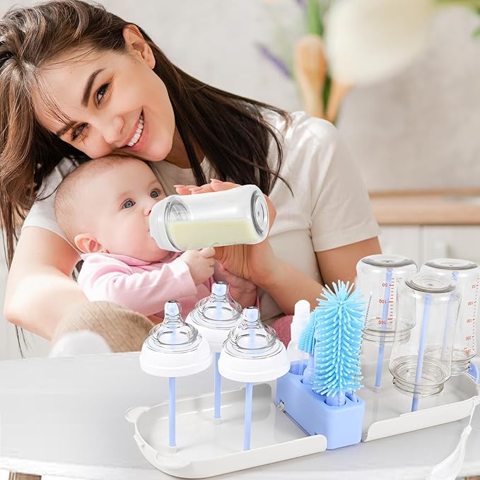 Travel Baby Bottle Cleaner Kit，7-in-1 Baby Bottle Brush Set for Travel and Home, All-in-One Baby Bottle Washing Kit: Integrated Cleaning & Drying System for Bottles and Breast Pump Parts (Blue)