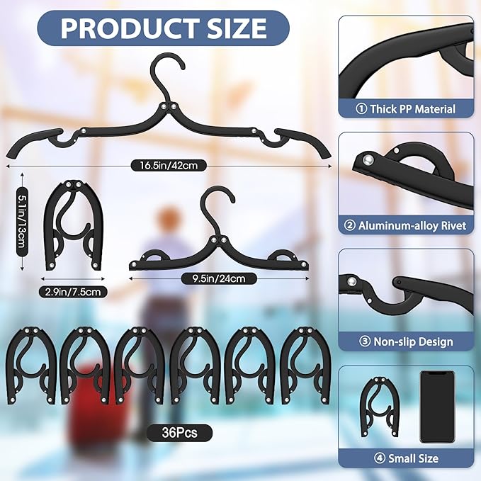 Travel Hangers Portable Foldable Travel Hanger Organizer, Plastic Cruise Ship Accessories Essentials Clothes Hanging Rack Folding Hangers for Traveling Camping Flying RV Suitcase (36, Night Black)