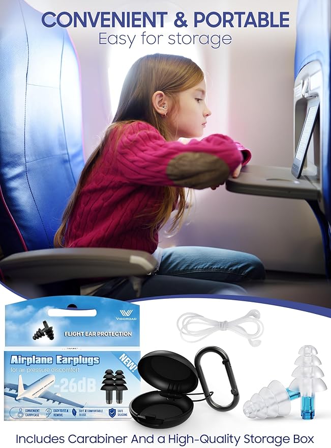 Ear Plugs for Airplane Pressure Relief, Kids 6+, Adults/Small Canal Reusable Airplane Earplugs 26dB, with Silicone Connector Cord, Travel Essentials for Flying, Ear Protection Earplugs