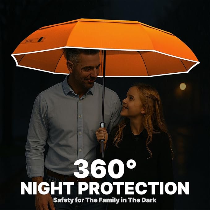 Royal Walk Windproof Folding Travel Umbrella Compact and Strong Luxurious Real Wood Handle Automatic Open Close Vented Double Canopy for Men and Women (Orange)