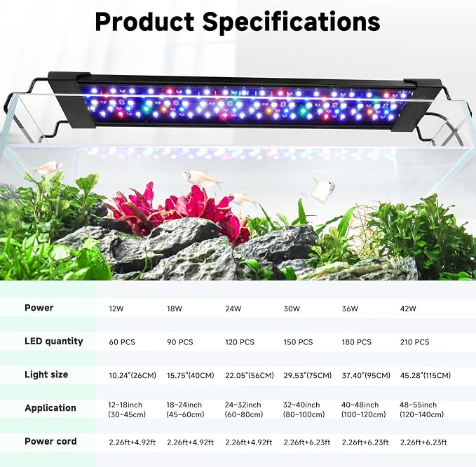 AQQA LED Aquarium Light, 24/7 & DIY Mode Full Spectrum Fish Tank Light | Adjustable Timer/Brightness, Extendable Bracket Aquarium Plant Light, Memory Function, IP68 Waterproof, for 18–24 Inch Tank