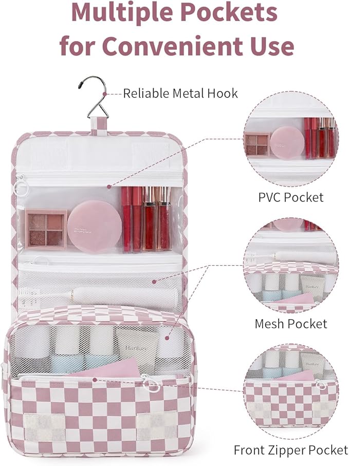 Narwey Small Hanging Travel Toiletry Bag for Traveling Women, Checkered Travel Bag for Toiletries, Makeup Bag Organizer Make Up Cosmetic Bags (Dusty Pink Checkerboard)