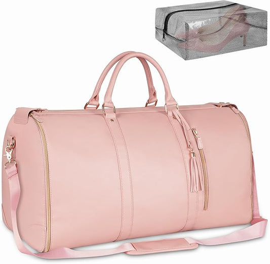 Ytonet Garment Duffle Bags for Travel, Convertible Carry On Garment Bag for Women, Large PU Leather Foldable Travel Bag with Shoe Pouch, 2 in 1 Hanging Suitcase Dress Suit Travel Bags, Pink