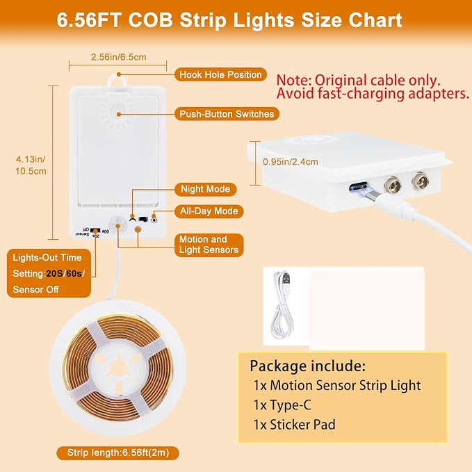 OMIKA COB Motion Sensor Light Strip Indoor, 6.56ft 640LEDs 2700K Warm White 1500mAh Rechargeable Closet Light, Cuttable Self Adhesive LED Lights for Bedroom, Cabinet, Shelves, Pantry, Stairs