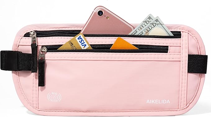 Money Belt - Slim Passport Holder RFID Blocking Travel Wallet Undercover Fanny Packs for Men Women - Pink