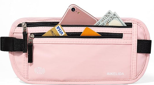 Money Belt - Slim Passport Holder RFID Blocking Travel Wallet Undercover Fanny Packs for Men Women - Pink