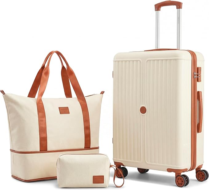 Hoteel Luggage Sets 3 Piece ABS+PC Hardside, 4-Year Warranty, Luggage Set with Spinner Wheels, TSA Lock, Lightweight Carry on Luggage, 20" Suitcase with Duffel & Organizer, Beige