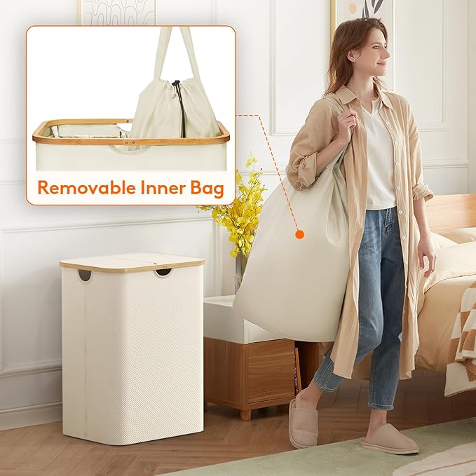 Lifewit 150L Laundry Basket with Lid, Clothes Hampers for Laundry with Bamboo Handles and 2 Removable Bag, Large Foldable Laundry Hamper for Bedroom, Bathroom, Dorm, Laundry Room, White