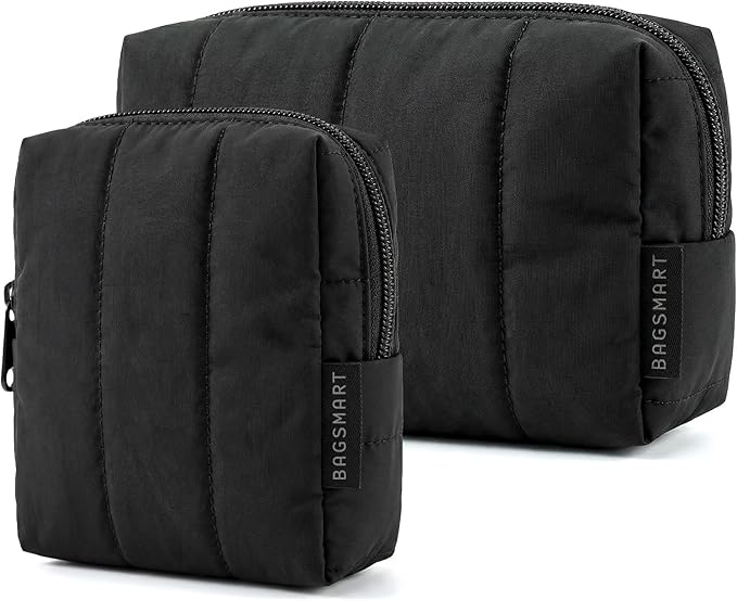 BAGSMART Makeup Bag Duo Set, Puffy Padded Travel Cosmetic Organizer with Slip-in Pockets, Large Toiletry Bag & Small Purse Pouch, Travel Essentials for Women, Black