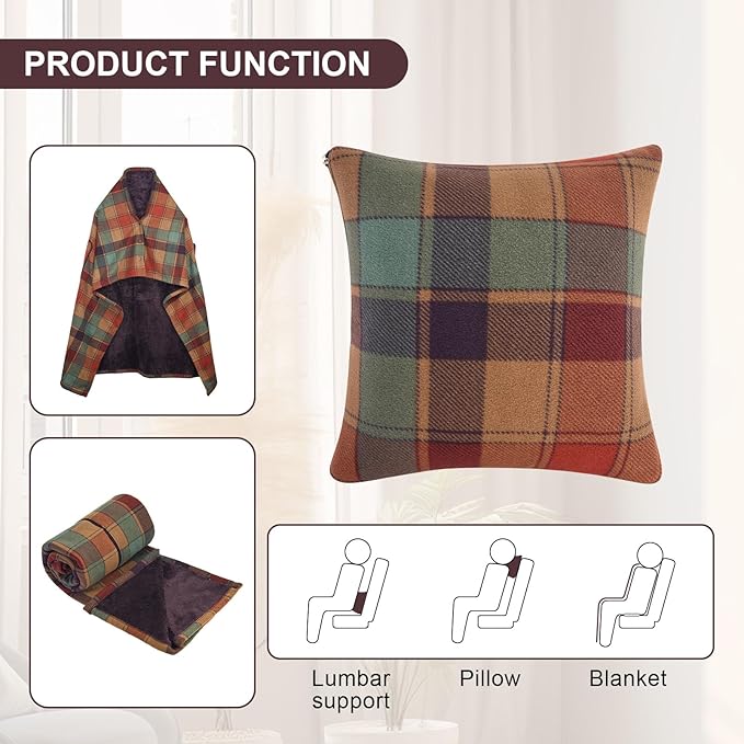 forestfish Wearable Blanket Compact Pillow 2-in-1, Lap Blanket Poncho with Button Plaid Throw Cushion for Home Office Sofa