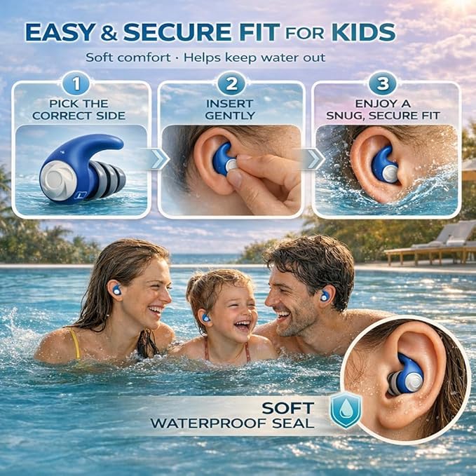 Waterproof Swimming Ear Plugs for Kids - 3 Pairs of Reusable Soft Silicone Swim Earplugs,Ear Protection for Children (4-12 Years Old) - Ideal for Surfing, Diving, Pool, Showering, and Water Sports