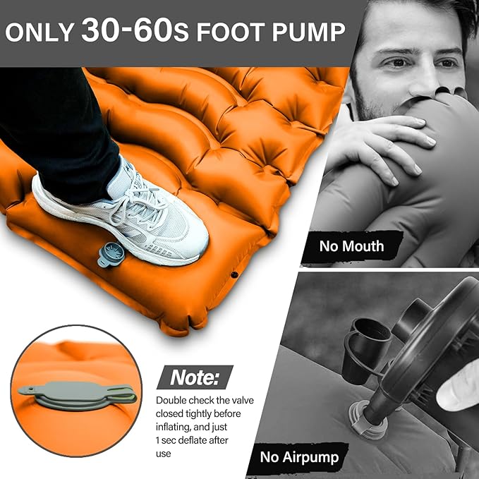Camping Sleeping Pad, Ultralight Camping Mat with Pillow Built-in Foot Pump & Pillow, Upgraded Compact Camping Air Mattress for Tent, Backpacking-Orange