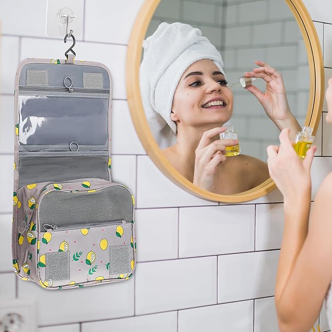 Foldable Hanging Travel Toiletry Bag,Waterproof Portable Travel Bags, Multifunction Travel Makeup Cosmetic Bag Organizer with Hanging Hook (Grey Lemon)