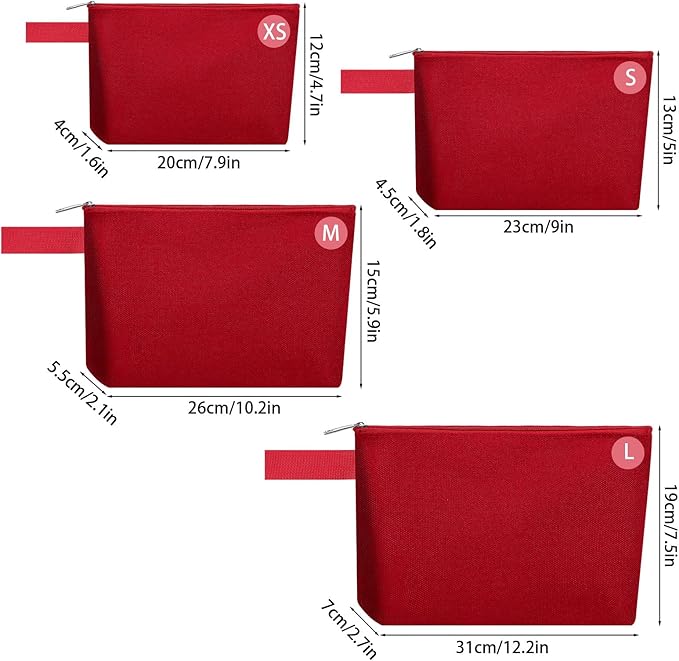 10 Pieces Cotton Canvas Makeup Bag with Bottom and Strap, Multi-Purpose Cosmetic Bag with Zipper Travel Toiletry Pouch, Blank DIY Craft Bag (Red, L)
