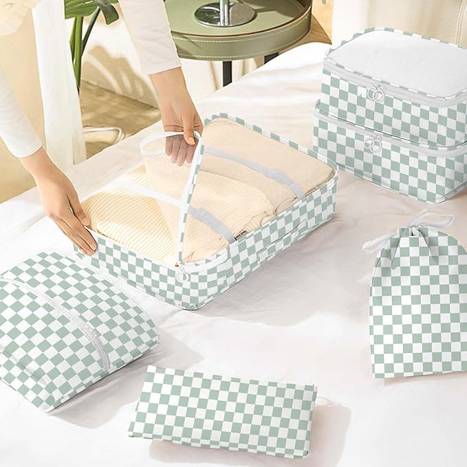 KPX 8 Set Packing Cubes for Travel, Luggage Packing Organizers Accessories Large Toiletries Bag for Clothes Shoes Cosmetics (8Set-Green Checkered)