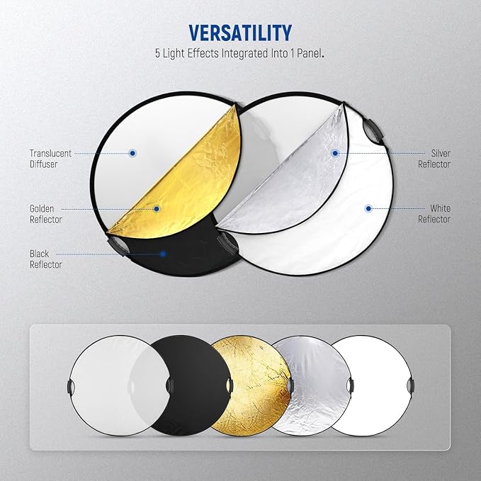 NEEWER 43"/110cm Light Reflector with Clamp & Hand Grips, 5 In 1 Collapsible Multi Disc Photography Reflector Translucent/Silver/Gold/White/Black with 3/8" Thread for Studio Outdoor Lighting, RF-110II | Multi Disc, Photography Reflector, Translucent, S...