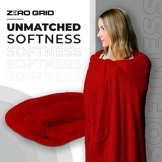 Zero Grid Lightweight Travel Blanket – Premium Compact Wearable Airplane Blanket with Neck Snaps, Cozy Foot Pockets, Zipper Pouch, converts to Soft Pillow for Ultimate Comfort - Scarlet