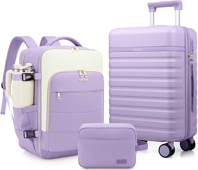 UKEIN Luggage Sets 3 Piece, Carry On Luggage 20In With Spinner Wheels,PC Hardside Suitcase Set with TSA Lock,Durable Carry On Suitcase With Travel Backpack for Men (Violet, 3 piece set (BP/20inch))