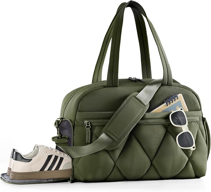 Gym Bag for Women, Puffer Travel Duffle Bag With Shoes Compartment & Wet Pocket, Carry On Tote Bag For Weekender, Overnight, Sport duffel bags for traveling (Green, Medium)