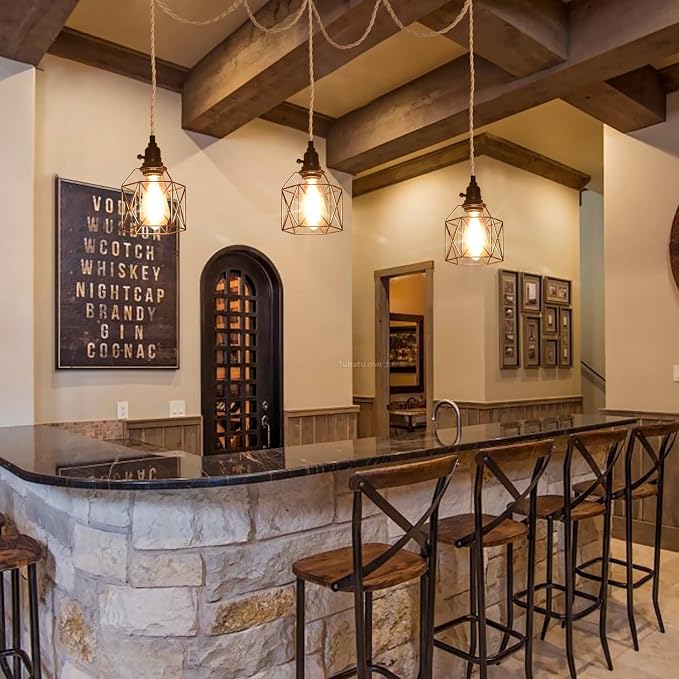 3-Light Hanging Light with Plug in Cord,Plug in Pendant Light 22ft Hemp Rope Pendant Lighting Vintage 3-Light Hanging Lamp Fixtures for Kitchen Island Living Room Bedroom