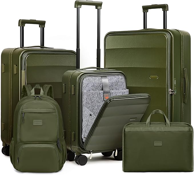 Joyway Luggage Set 5 Piece Top Opening Suitcase Set with Spinner Wheel and TSA Lock, PC Hard Shell Carry on Luggage with Front Pocket, Suitcase with Backpack and Foldable Storage Bag (Green)