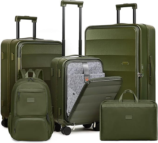 Joyway Luggage Set 5 Piece Top Opening Suitcase Set with Spinner Wheel and TSA Lock, PC Hard Shell Carry on Luggage with Front Pocket, Suitcase with Backpack and Foldable Storage Bag (Green)