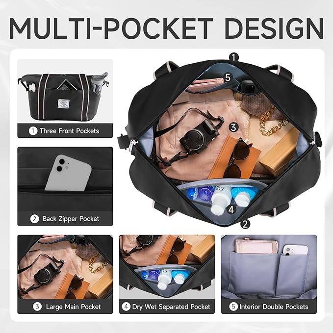 WALNEW Travel Duffel Bag, Weekender Overnight Carry On Bag for Women Men, Foldable Waterproof Gym Luggage with Metal Buckle Detachable Shoulder Strap and Wet Compartment (Black)