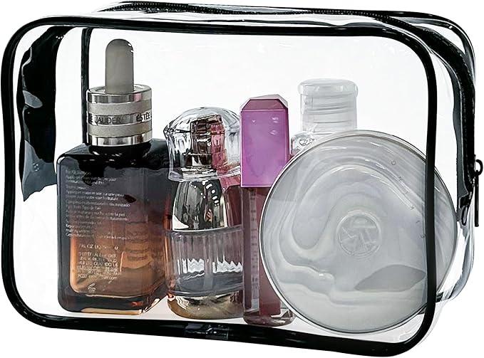 Neon TSA Approved Clear Toiletry Pouch, 7"x2.3"x4.7" Size, PVC Travel Makeup Bags for Toiletries, Transparent Cosmetic Bag for Women and Men Small (Transparent (black bone))