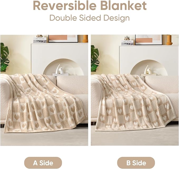 Snuggle Sac Heart Checkered Throw Blanket for Women,Love Blanket Heart Blankets for Her Wife Girlfriend Mom,Super Soft Warm Fluffy Faux Fur Blanket for Couch Sofa Bed,Beige Heart,50x60 inches