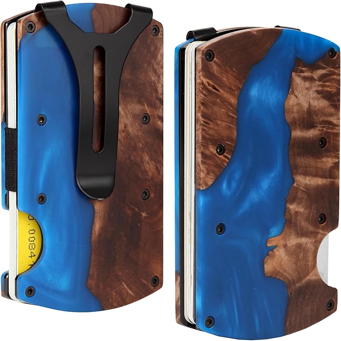Carbon Fiber Minimalist Wallet for Men Credit Card Holder Money Clip & Cash Strap Slim RFID Mens Wallets,Resin Natural Walnut Wood,Unique Pattern,Dark Blue