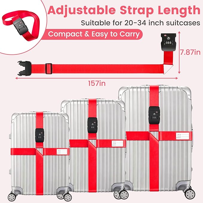 Upgrade TSA Approved Luggage Straps with Retainer Clips, Adjustable Heavy Duty Anti-Burst Travel Strap, High Visibility Easy Identification, Cross Design Luggage Belt for 20-34 Inch Luggage(Red)