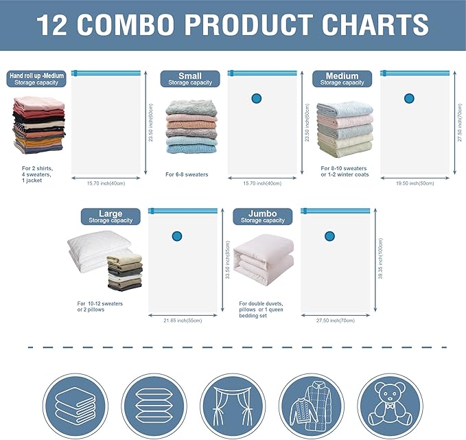 Cozy Essential Vacuum Storage Bags, 80% Compression Vacuum Seal Space Saver Plastic Packaging Bags for Clothes, Blankets, Pillow, Bedding, Comforters, Sealer Clothing Storage,12 Combo