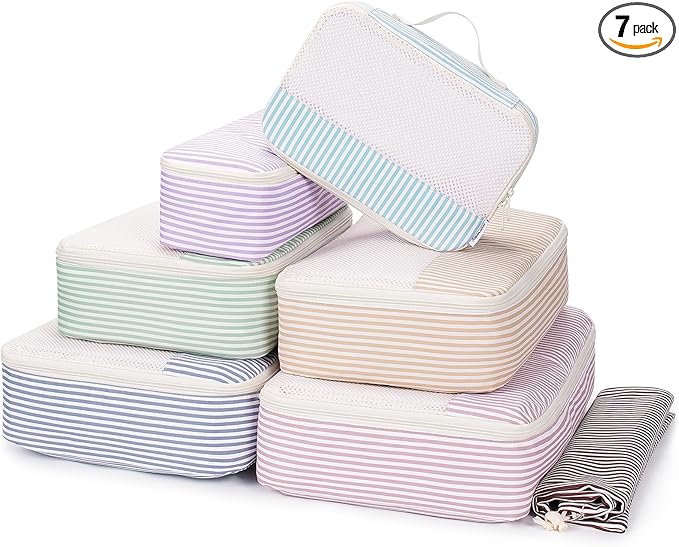 Narwey 7 Set Striped Packing Cubes for Travel Carry on Suitcase Luggage Organizer Bags for Kids Women Men, Durable Packing Organizers Bag, Travel Essentials Accessories (Stripe Combined)