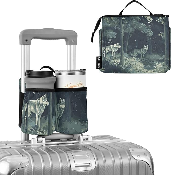 Luggage Cup Holder for Suitcases Free Hands Travel Cup Holder Portable Suitcase Cup Drink Holder Luggage Cup Caddy Bag Carrier Night Forest Wolves