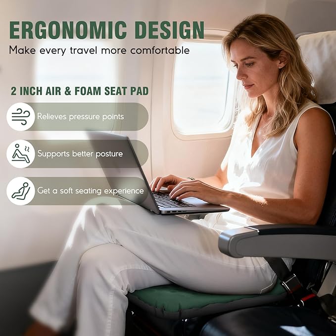 Inflatable Seat Cushion, Self-Inflating Memory Foam Stadium Seats Cushion Lightweight & Compact Chair Sitting Pad Airplane Cushion for Long Flight Travel Outdoor Camping Car Bleachers Office