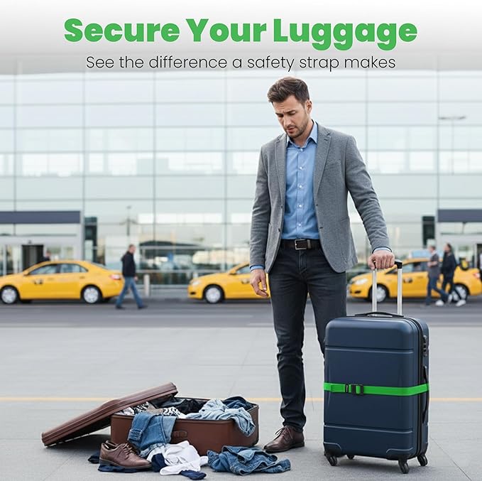 Luggage Straps for Suitcases, Adjustable Travel Suitcase Belts with Buckle Closure, Designed for Carry-On and Checked Luggage, Reusable Travel Accessory, Green - Pack of 2