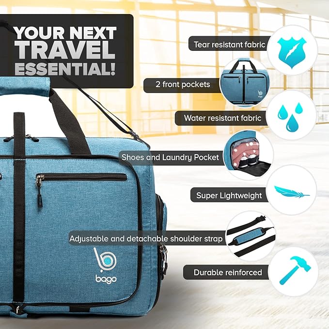 Bago Compact Duffle Bag for Travel Women & Men. Durable Lightweight Foldable Travel Duffel Bags For Traveling Women. 40L Duffle Bags a Reliable Weekender duffel or Overnight Bag With Shoe Compartment