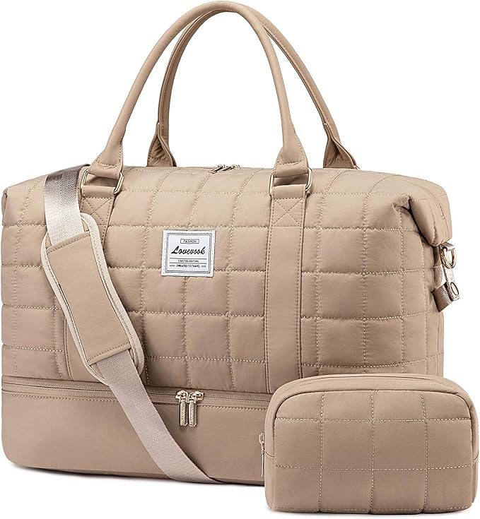 LOVEVOOK Puffer Weekender Bags for Women with Shoe Compartment, Carry On Overnight Bag, Gym Duffel Bag with Wet Pocket, 2Pcs Set