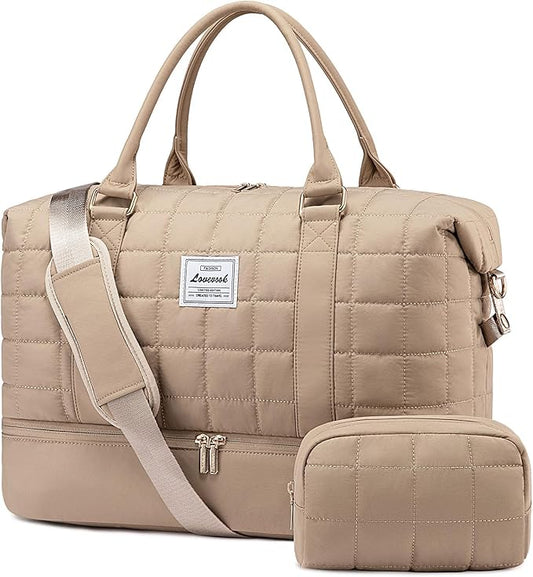 LOVEVOOK Puffer Weekender Bags for Women with Shoe Compartment, Carry On Overnight Bag, Gym Duffel Bag with Wet Pocket, 2Pcs Set