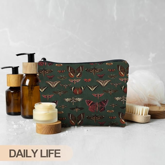 Moody Green Academia Butterfly Cosmetic Bags Toiletry Bag for Women, Vintage Butterfly Makeup Bag, Butterfly Gifts for Women, Dark Cottagecore Butterflies Makeup Pouch
