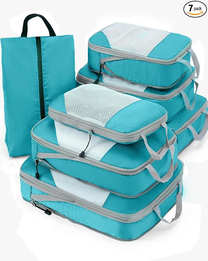 Meowoo 7 Set Compression Packing Cubes for Travel, Durable Ripstop Mesh Suitcase Organizer with Shoe Bag, Ultralight & Expandable Space Saver Travel Cubes