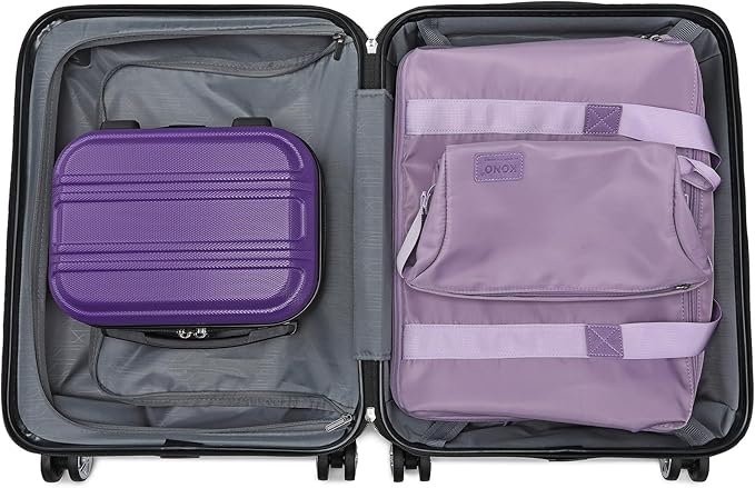 Kono Luggage Set 4 Piece Carry On Lightweight PC+ABS Hardside Luggage with TSA Lock Spinner Wheels Carry On Suitcase Purple
