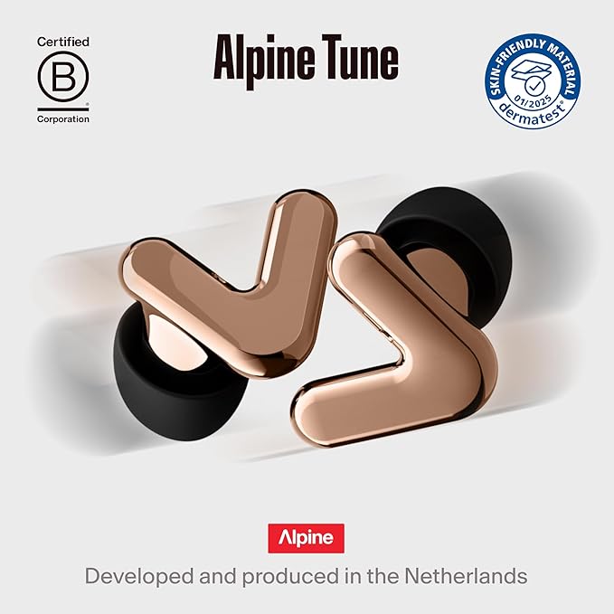 Alpine Tune Earplugs, Concert Ear Plugs for Noise Reduction, High Fidelity Music Quality, 19dB Hearing Protection with Crystal Clear Sound, Incl. 4 Sizes, Parties, Raves, Festivals & Clubs, Rose Gold