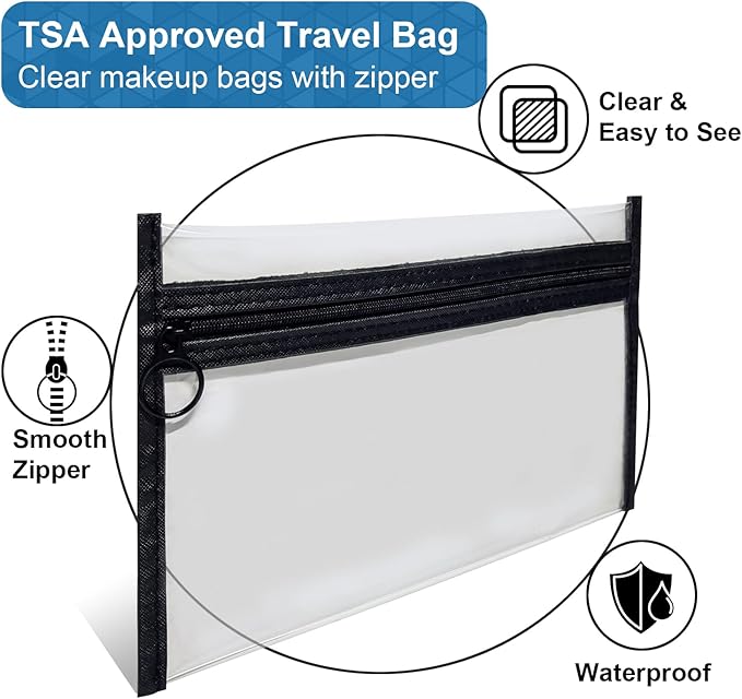 TSA Approved Clear Toiletry Bags, 3 Pack Waterproof PVC Travel Organizer Pouches with Zipper, Transparent Makeup Cosmetic Cases for Airport Security