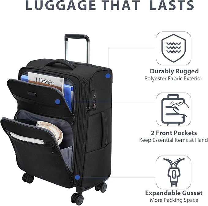 KROSER Softside Expandable checked Luggage with Front Business Pockets，24 Inch Suitcases with Spinner Wheels & Built-in TSA Lock, Durable Suitcase Rolling Luggage, Black