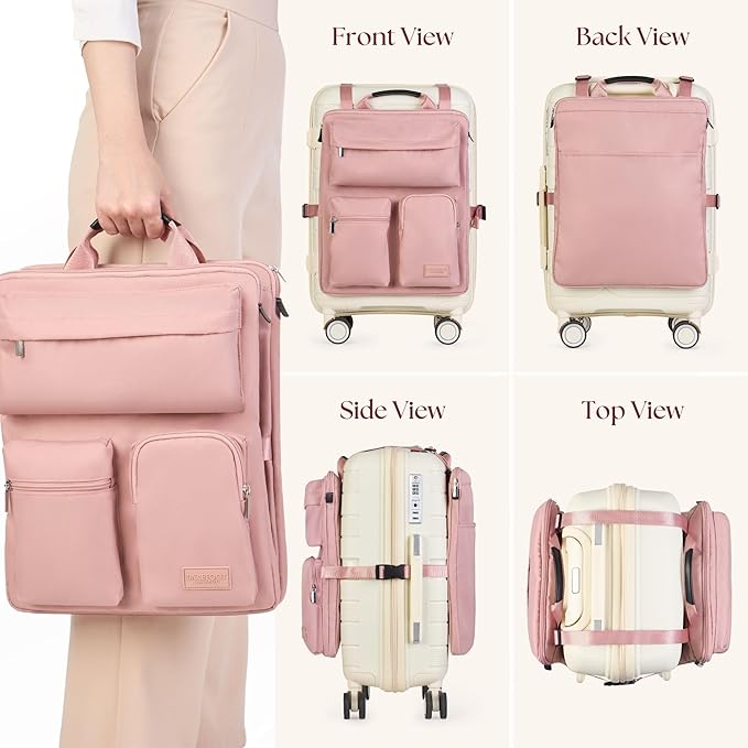 BAREFOOT CARIBOU Over Luggage Organizer for Carry On Bag or Suitcase with Storage Pockets, 16” Laptop Sleeve with Handle, Travel Accessories Bag Slide On Luggage Harness with Adjustable Straps (Pink)